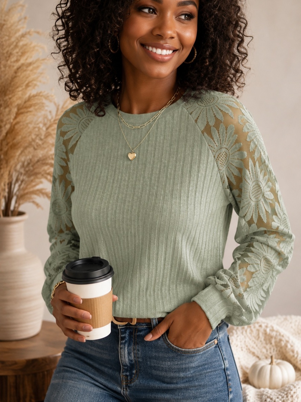 Women's Sage Green Lace Sleeve Ribbed Pullover Top